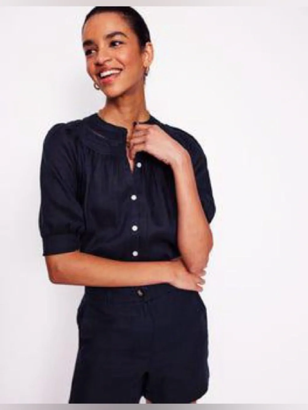 Boden Bea Stitched Yoke Linen Top in Navy, Size 2